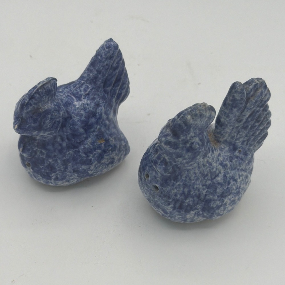 Vintage Blue Spongeware Chicken Salt and Pepper Shakers Ceramic Hen Rooster Set